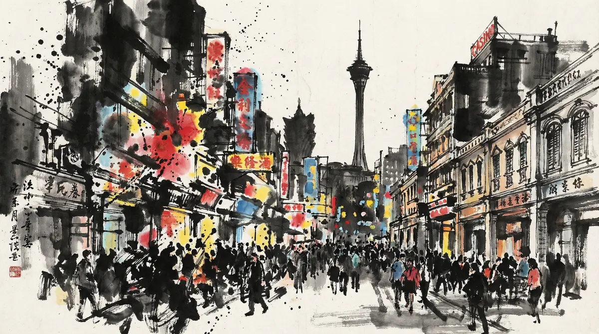 澳门金沙澳门娱乐城繁华夜景水墨画