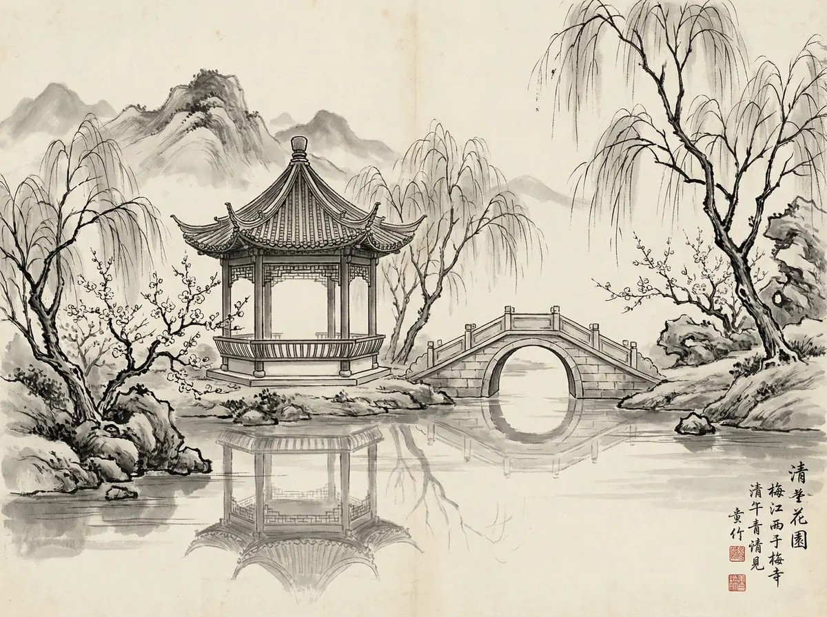 澳门金沙水墨画中的亭台楼阁与石桥倒影