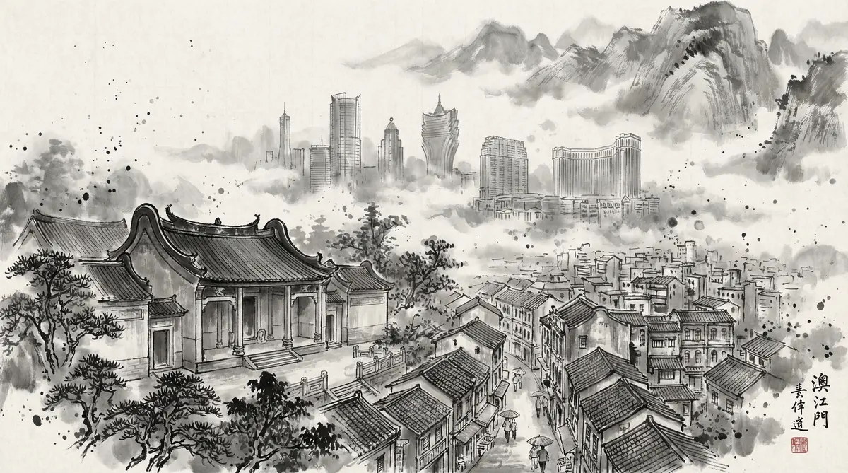 澳门金沙水墨国风全景画卷展现澳门古老街巷与现代酒店建筑群