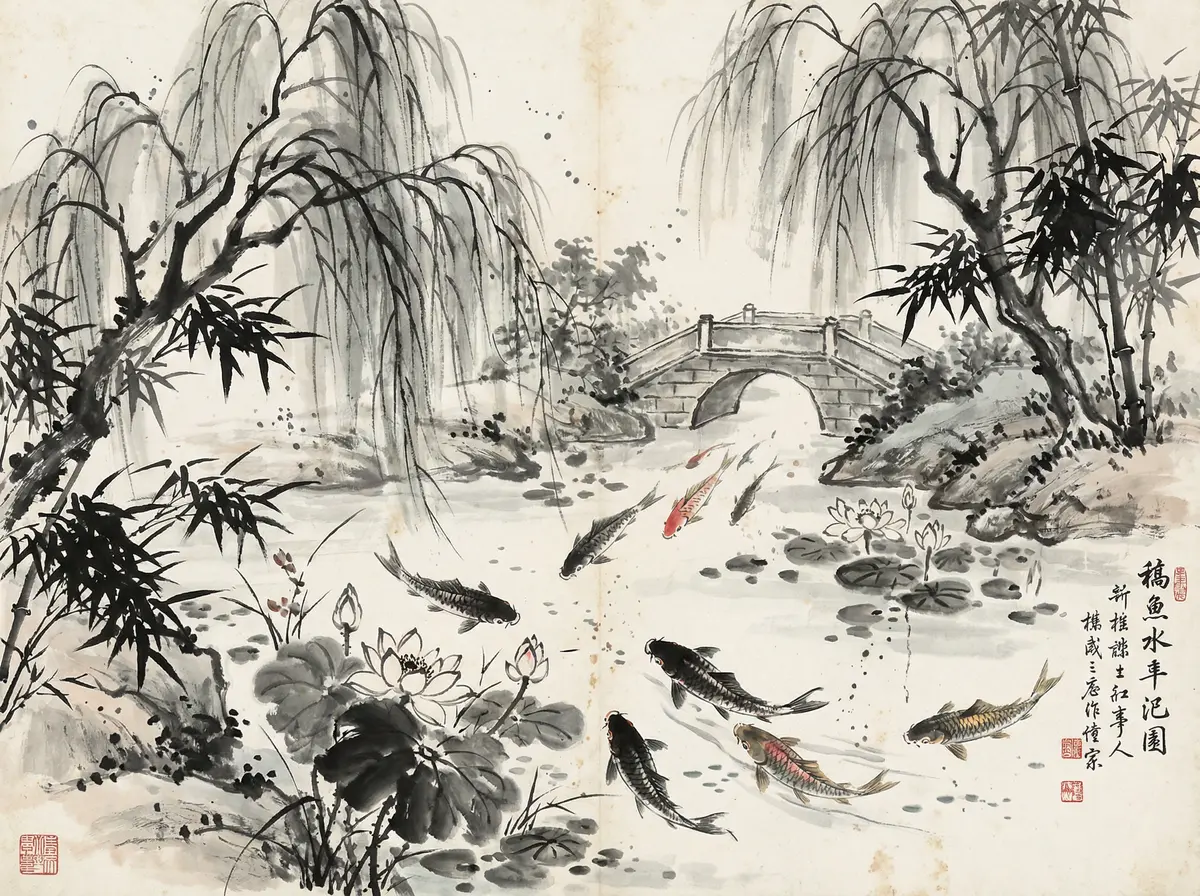 澳门金沙金沙国际锦鲤池水墨画展示东方园林元素