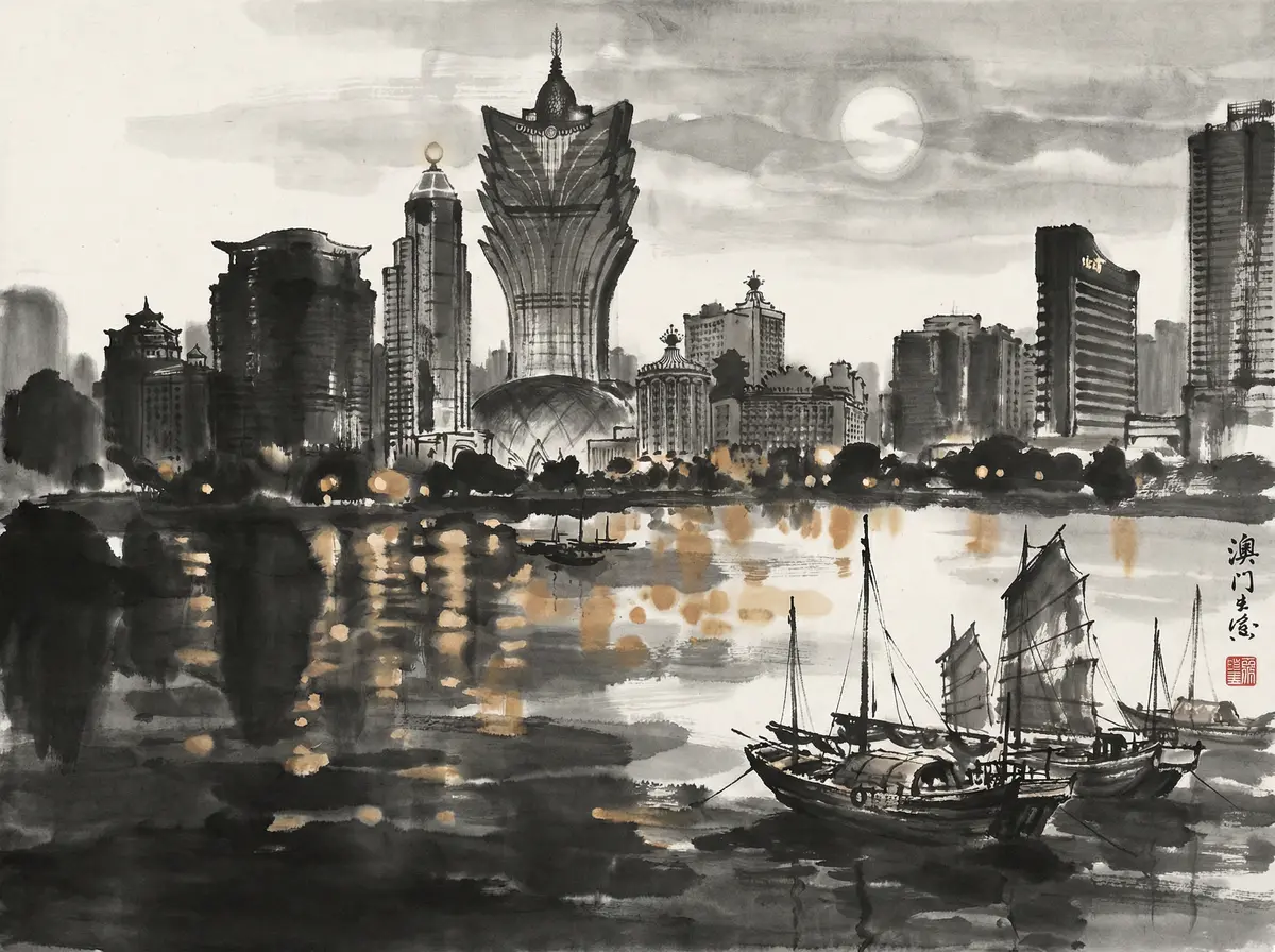 澳门金沙澳门夜景水墨画展示新葡京与城市天际线