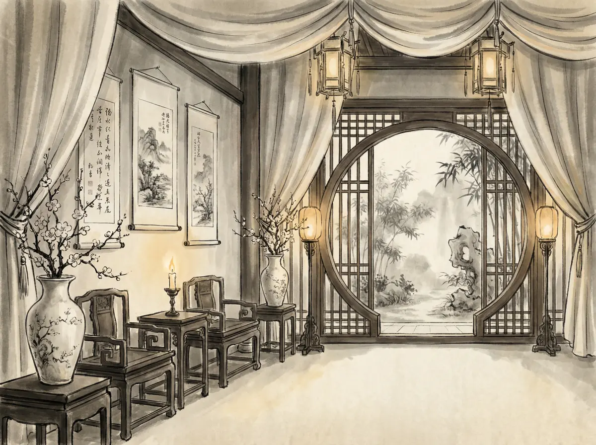 澳门金沙丝绸帷幔园林景观客房展示月洞门与竹林景致